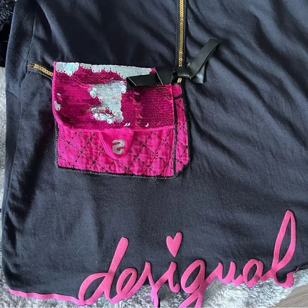 DESIGUAL  Girls Black Pink Embellished Long Sleeve 100% Cotton Dress Size 13/14